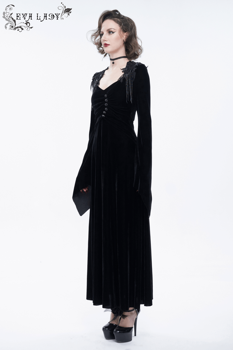 Gothic V-Neck Velvet Long Sleeve Dress, Women's Black Vintage Elegant Long Dress with Buttons - Stylish Gothic Fashion Model