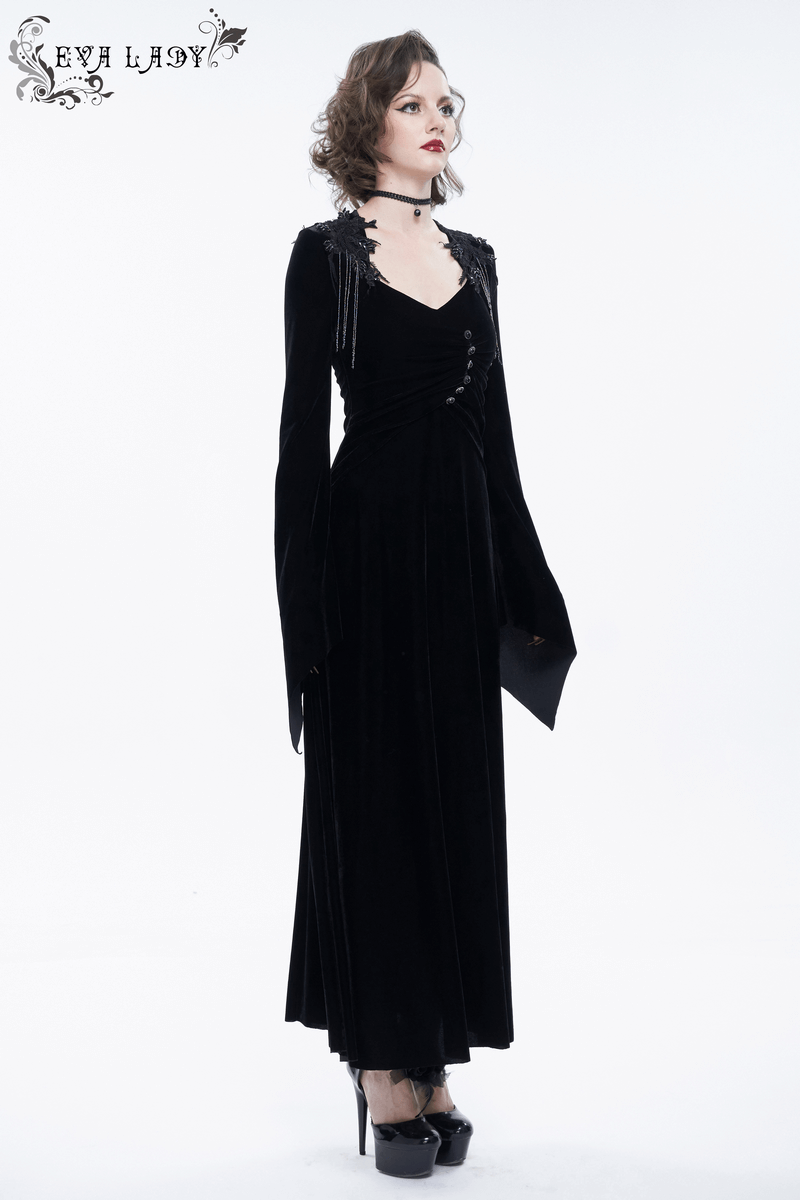 Gothic V-Neck Velvet Long Sleeve Dress, elegant black vintage style enhancing grace and figure with buttons. Perfect for your wardrobe.