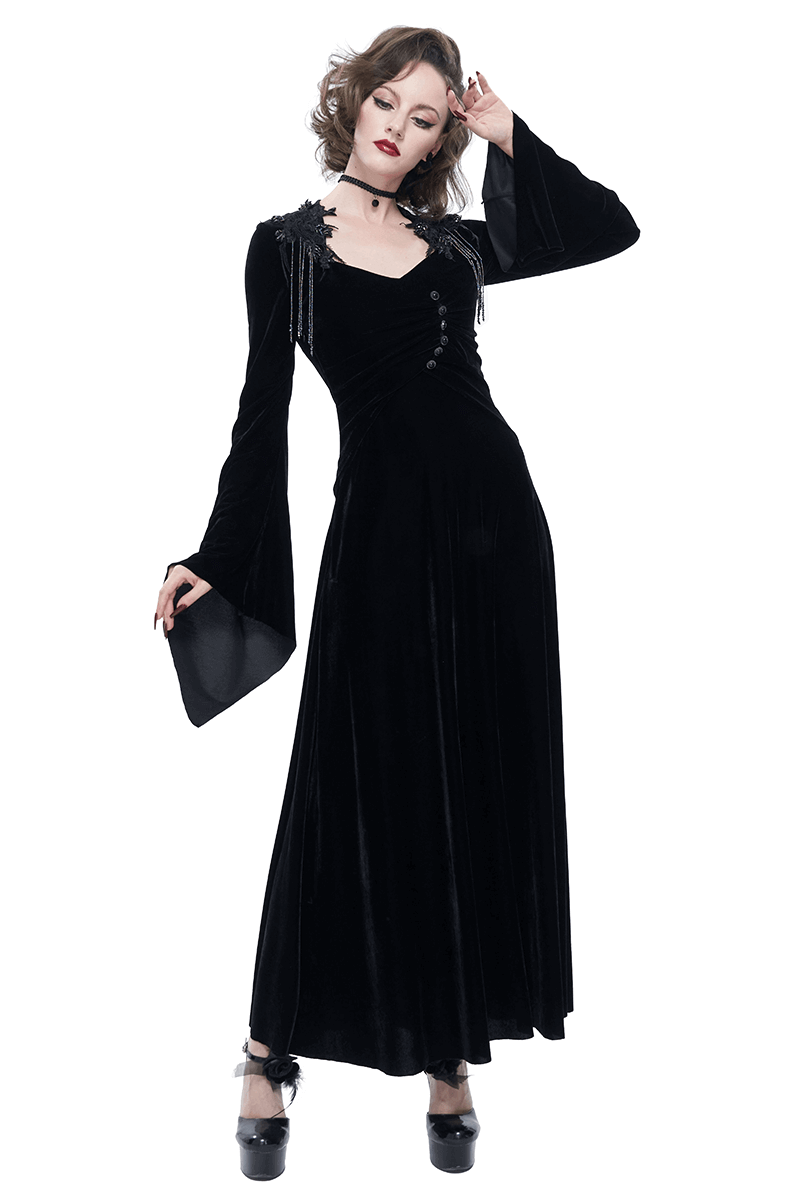 Gothic V-Neck Velvet Long Sleeve Dress in Black with Elegant Buttons, Women's Vintage Style Fashion.