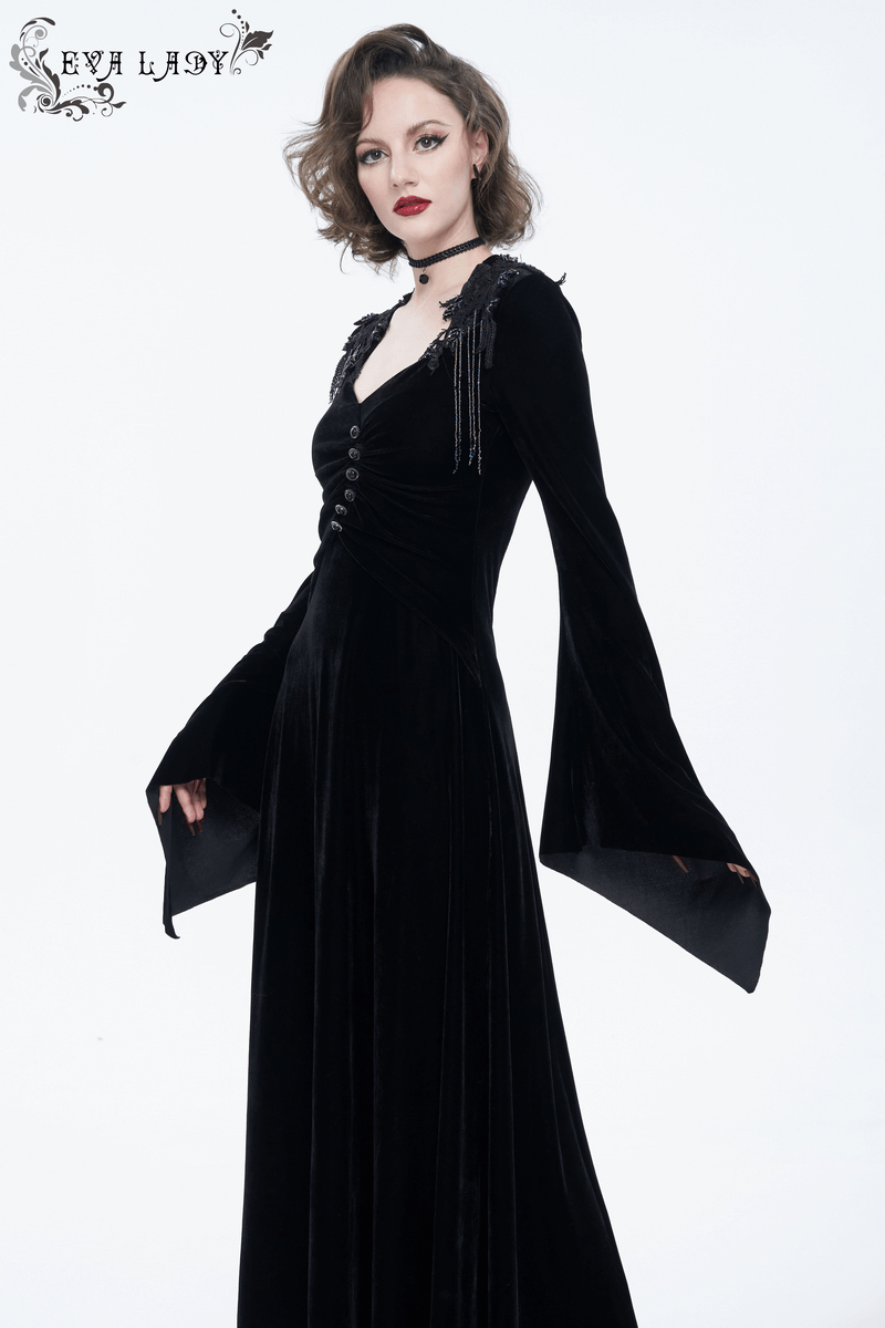 Gothic black velvet long sleeve dress with buttons, elegant V-neck design, women's vintage style, perfect for EU Sale fashion lovers.