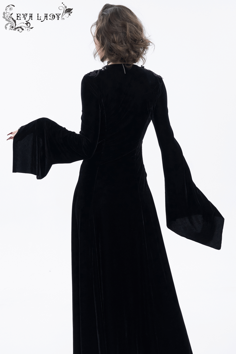 Gothic V-Neck black velvet long sleeve dress with elegant flared sleeves and vintage style design, perfect for a chic wardrobe addition.