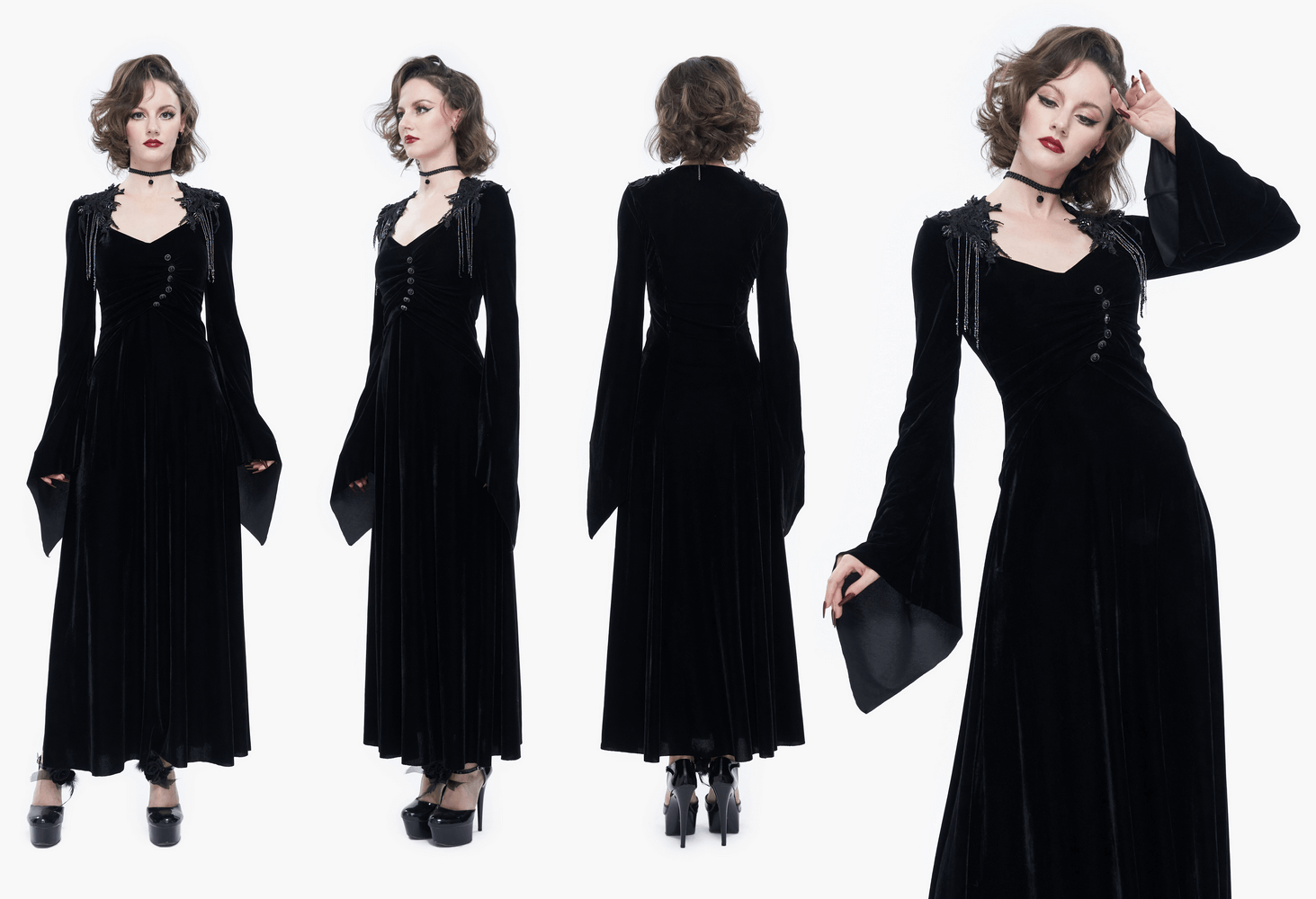 Gothic V-neck black velvet long sleeve dress with elegant buttons, perfect for vintage style and adding grace to any wardrobe.