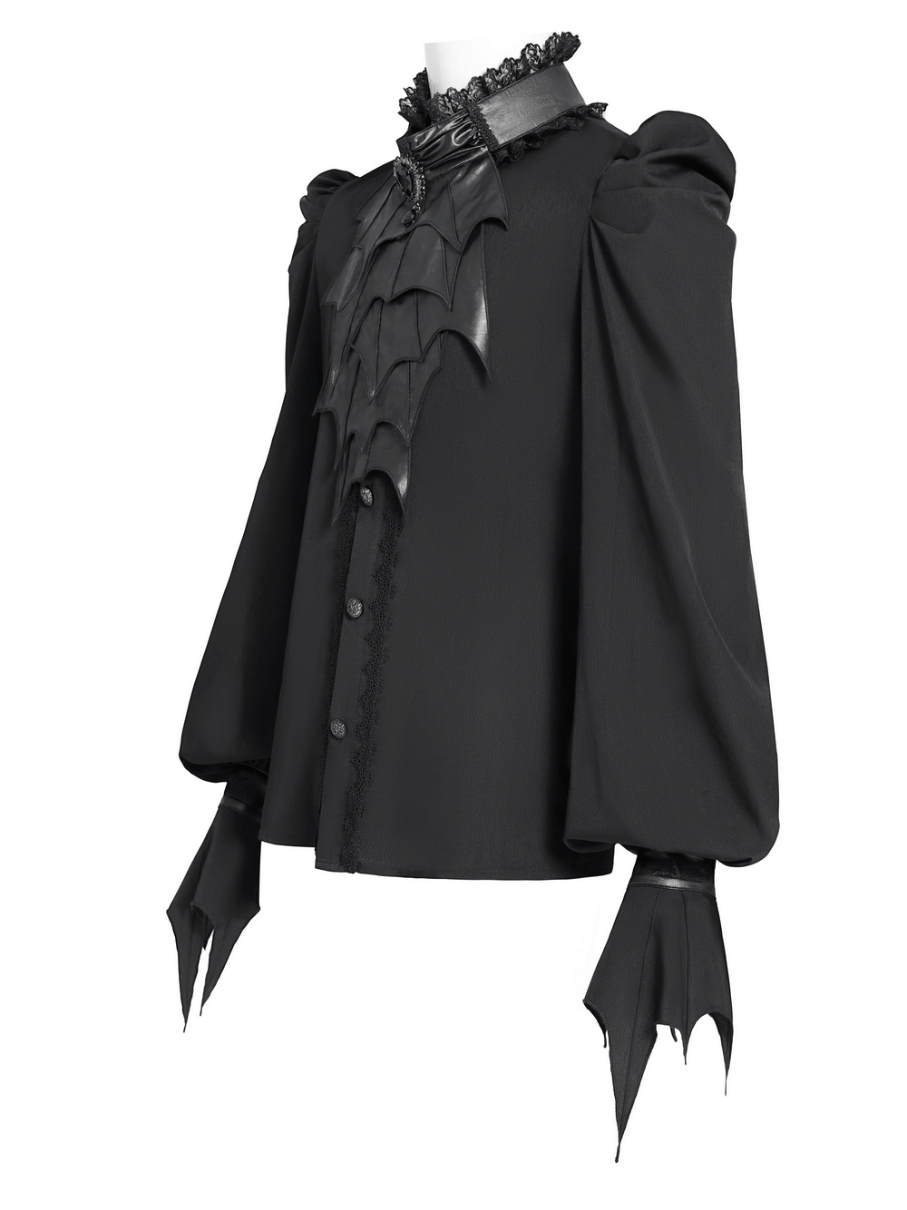 Gothic vampire bat wing blouse with lace collar, featuring flared cuffs and structured shoulders for a dark romantic look.