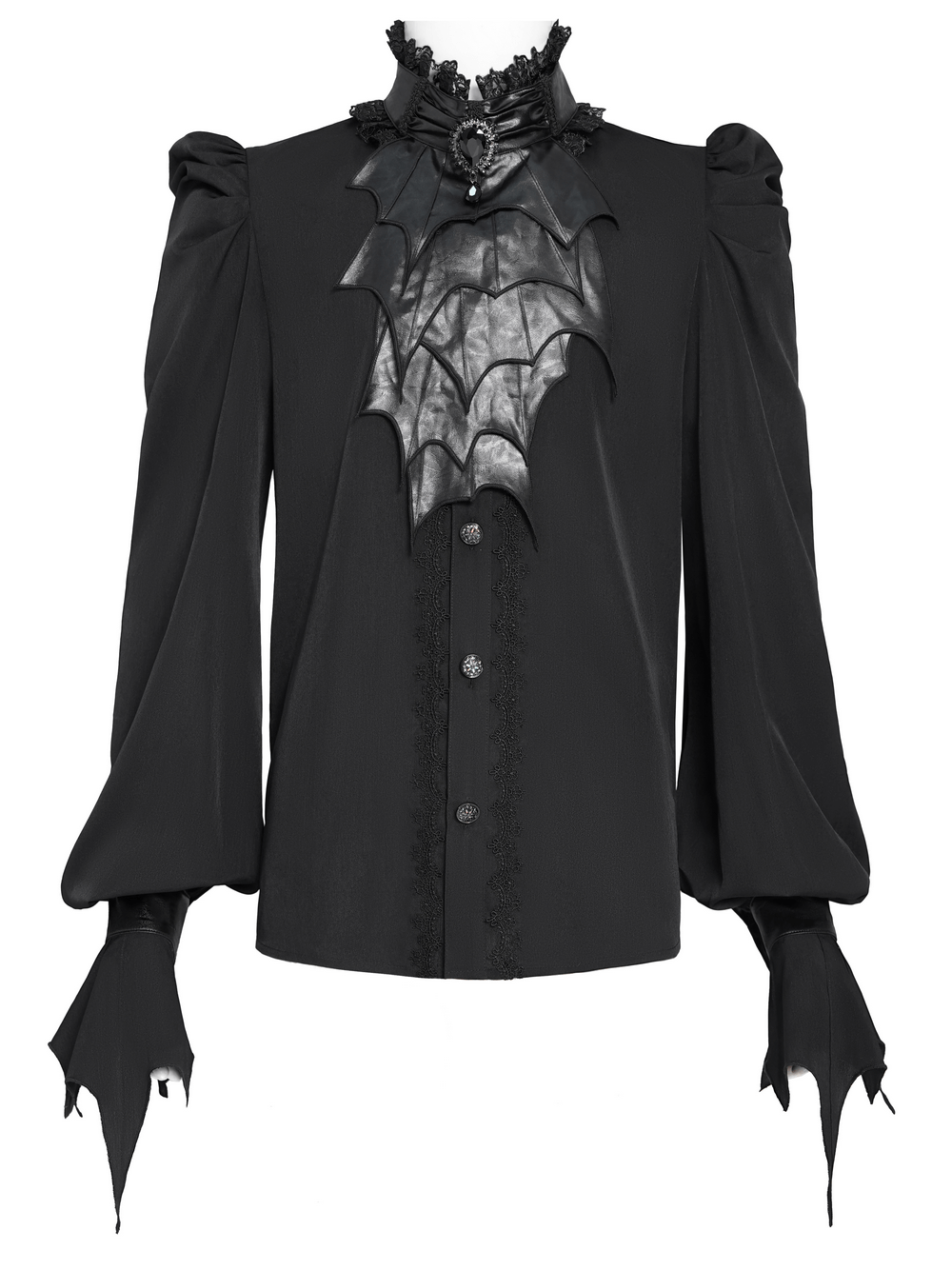 Gothic vampire bat wing blouse with lace collar, long sleeves, and faux leather accents, perfect for dark romantic aesthetics.