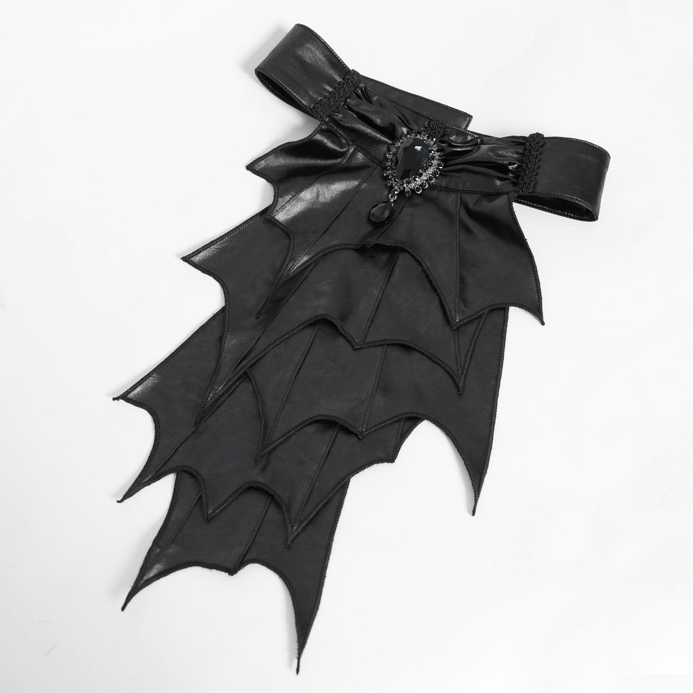Elegant black bat wing design with faux leather and ornate embellishments, perfect for gothic fashion.