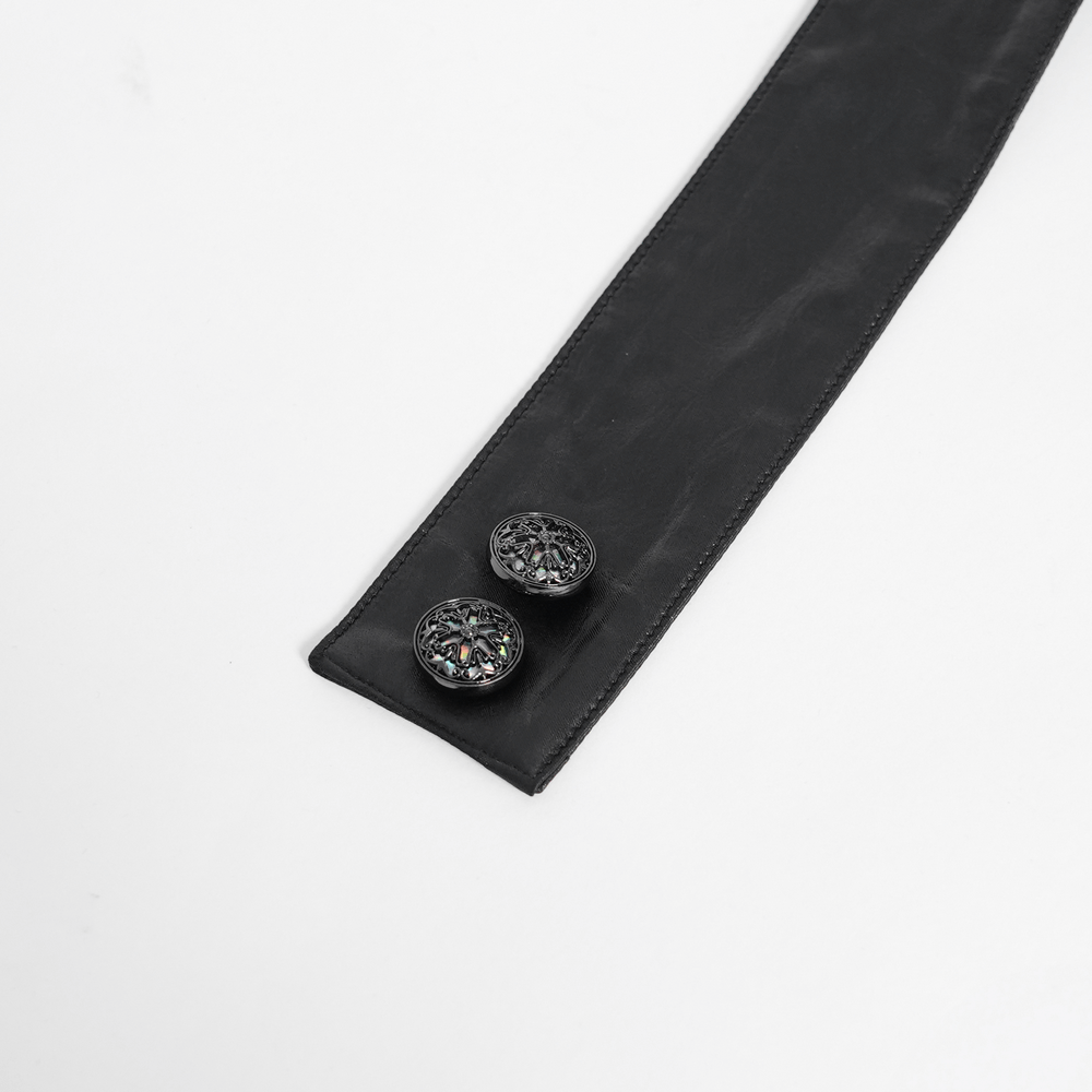 Close-up of a black faux leather collar with decorative crystal buttons, perfect for gothic and Victorian styles.