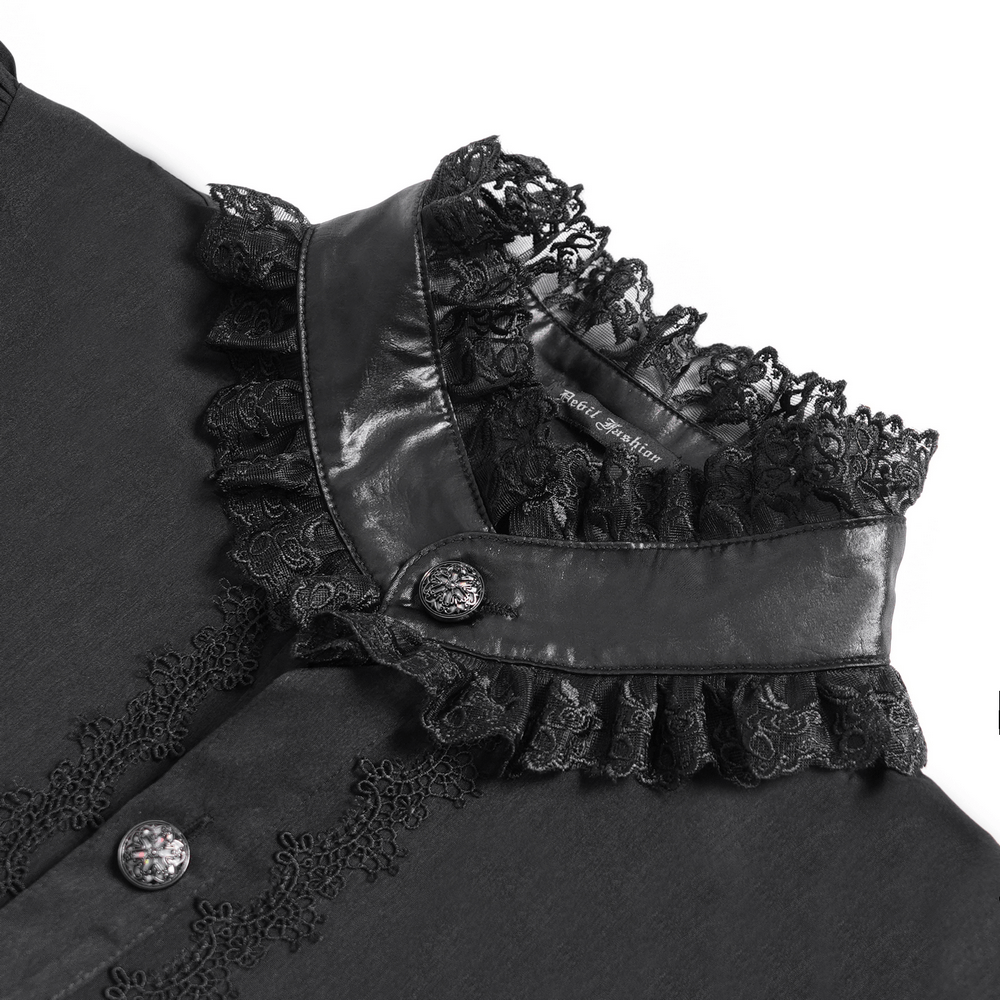 Close-up of black lace collar on gothic vampire blouse with sculpted faux leather and ornate detailing.