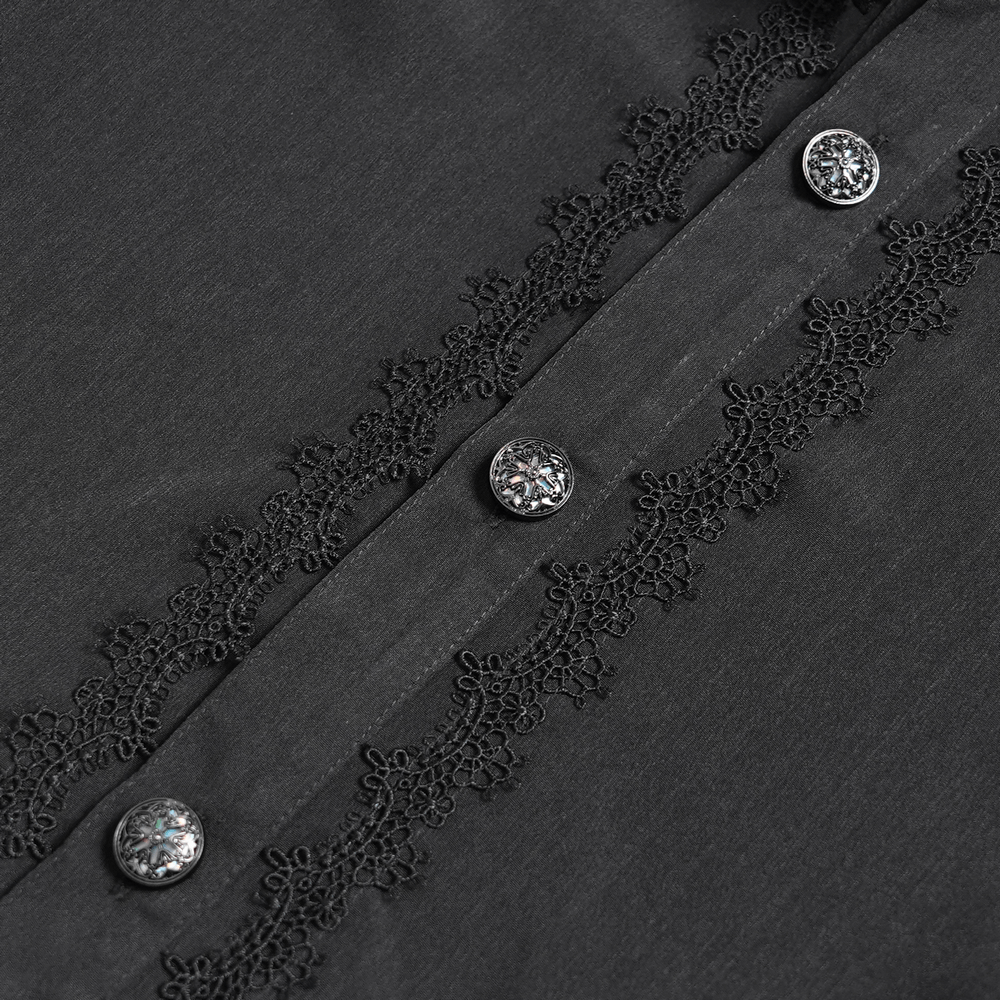 Close-up of the black blouse featuring intricate lace trim and shiny buttons, perfect for gothic vampire fashion.