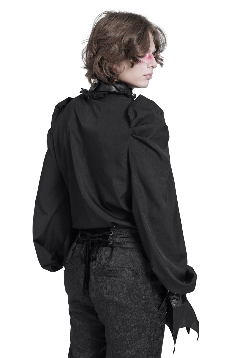 Back view of Gothic Vampire Bat Wing Blouse with lace collar, showcasing structured shoulders and flared cuffs.