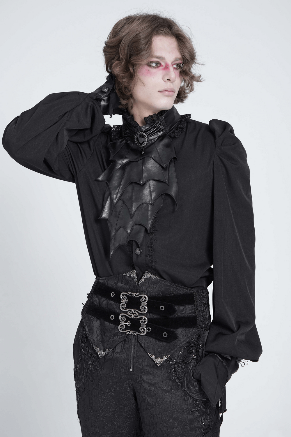 Gothic vampire bat wing blouse with lace collar, featuring faux leather accents and flared cuffs.