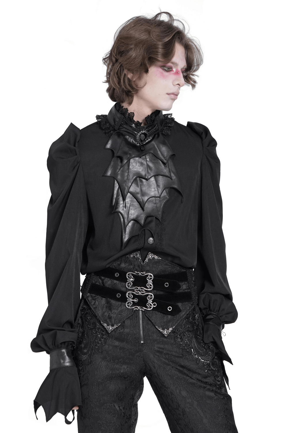 Gothic vampire bat wing blouse with lace collar, styled in dark romantic aesthetics and Victorian elegance.