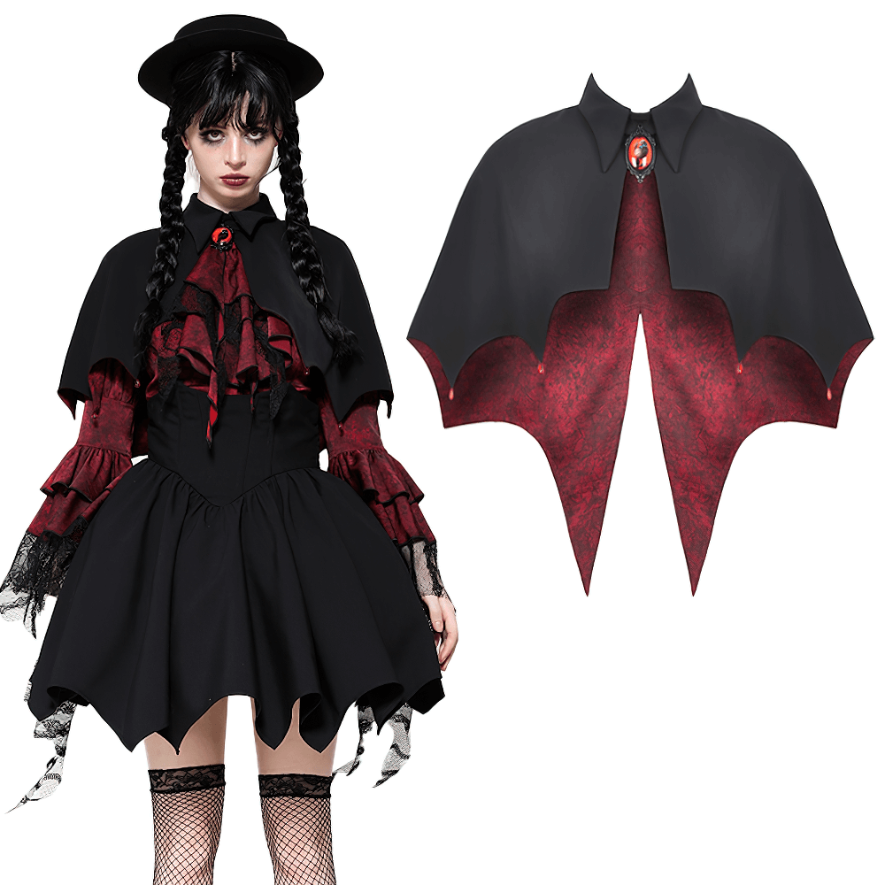 Gothic Vampire Cape with high collar, blood red lining, and vintage gem clasp perfect for Halloween or cosplay.