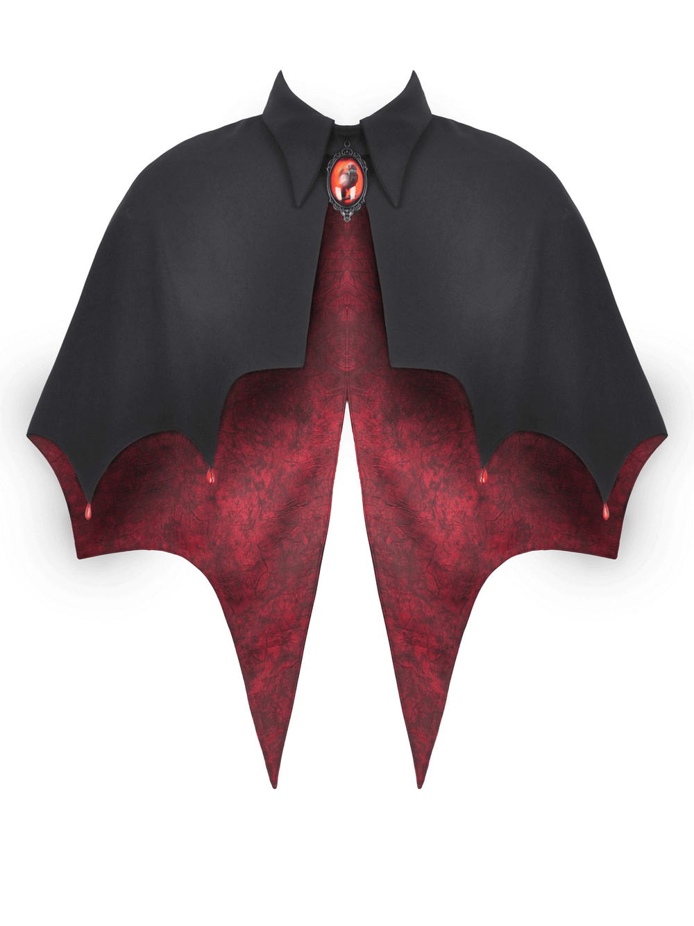 Gothic vampire cape with high collar, blood red lining, and jewel clasp. Perfect for cosplay and Halloween.