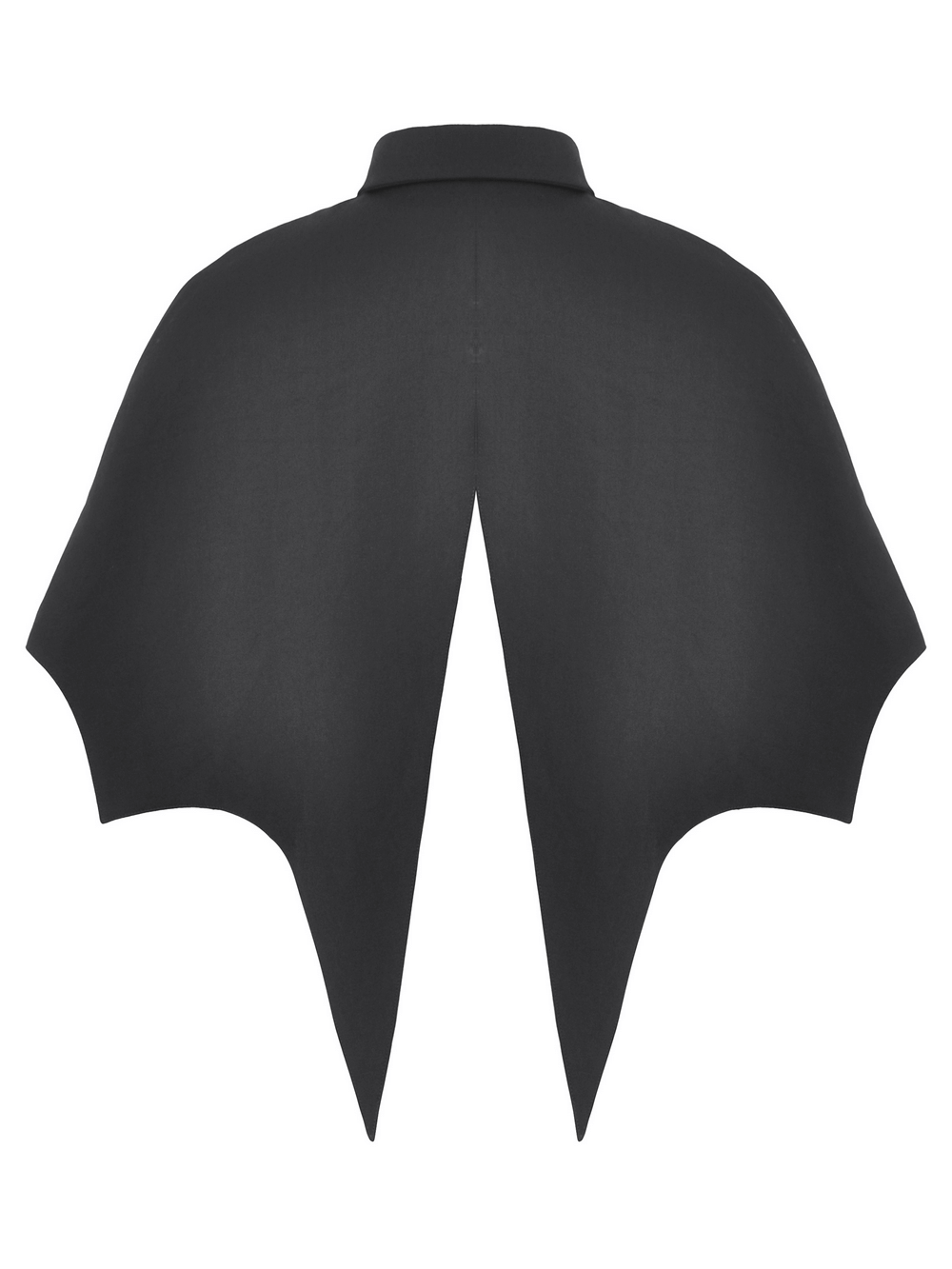 Gothic vampire cape with high collar, bat-wing design, and jewel clasp on display with blood red lining. Perfect for cosplay or Halloween.