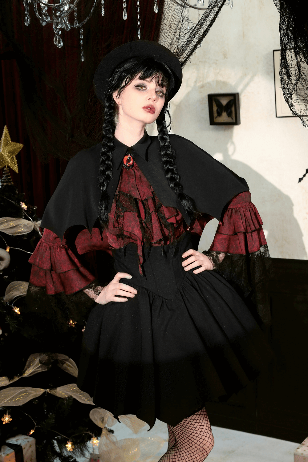 Woman wearing Gothic vampire cape with blood-red lining and high collar, perfect for cosplay or Halloween.