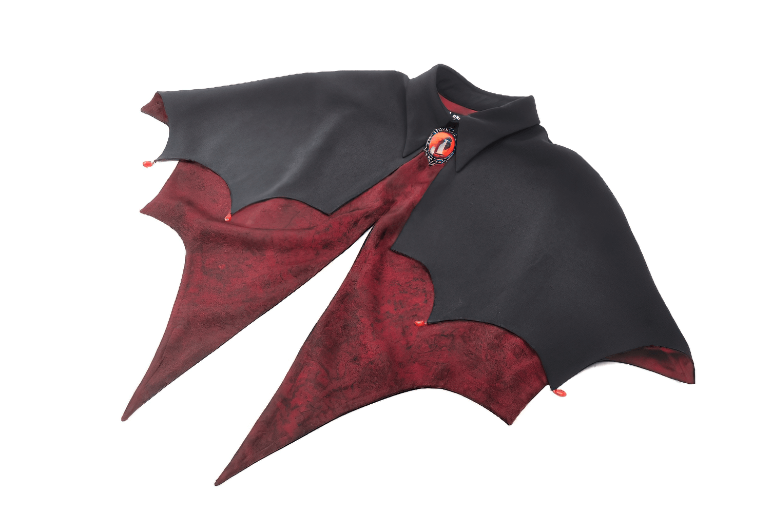 Gothic Vampire Cape with high collar, bat-wing silhouette, and jewel clasp, showing blood-red lining for a dramatic, mysterious look.