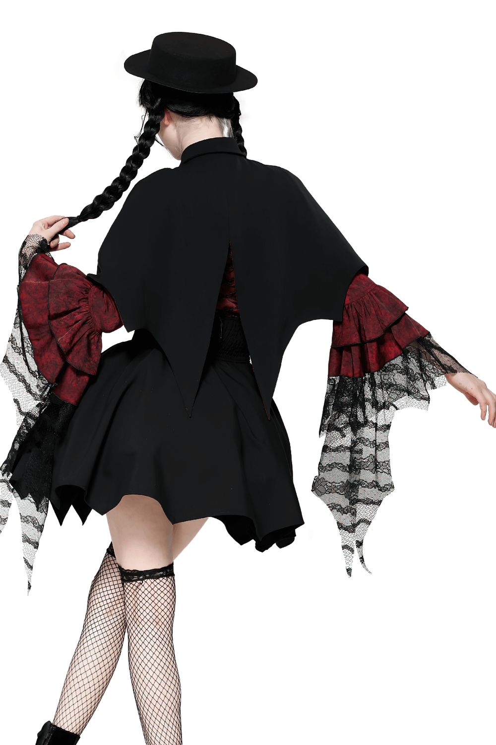 Gothic vampire cape with high collar, red lining, and lace sleeves, perfect for cosplay or Halloween.