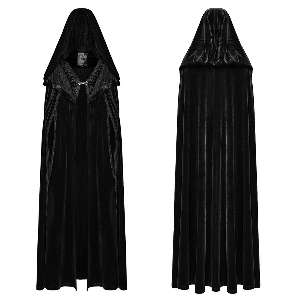 Gothic velour hooded cape with elegant lace details and dramatic hood, perfect for elevating gothic fashion.