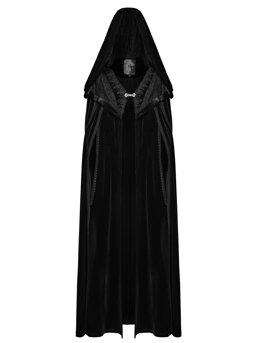 Gothic velour long cape with hood and lace details, perfect for adding a mysterious allure to any wardrobe.