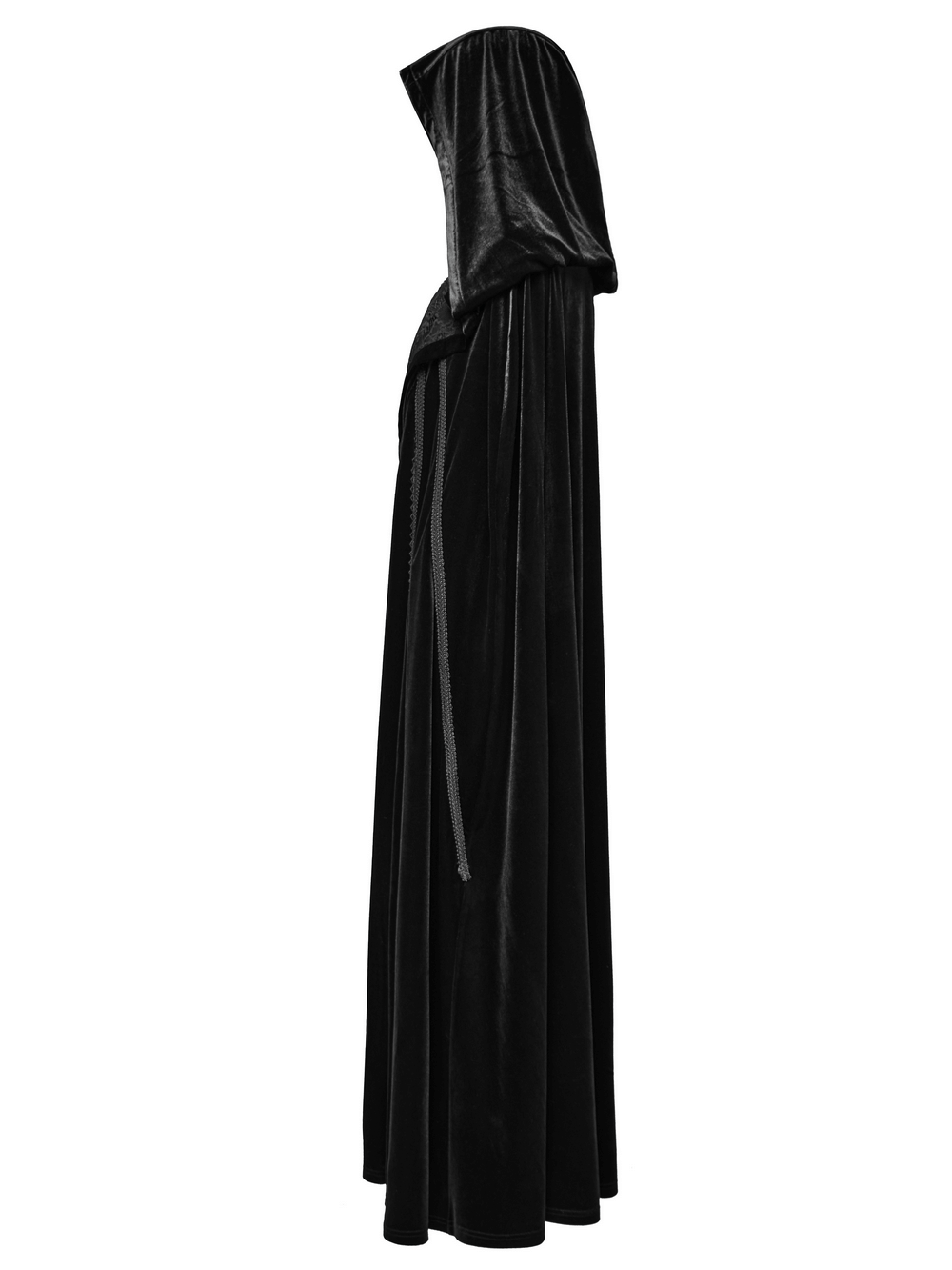 Gothic velour long cape with hood and lace details in elegant black, showcasing dramatic silhouette.