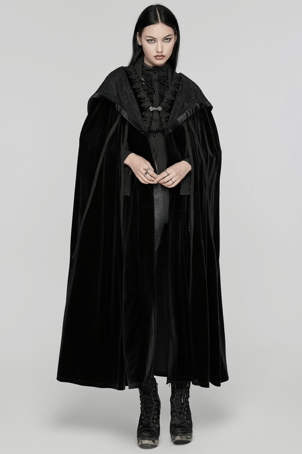 Gothic Velour Long Cape with Hood and Lace Details