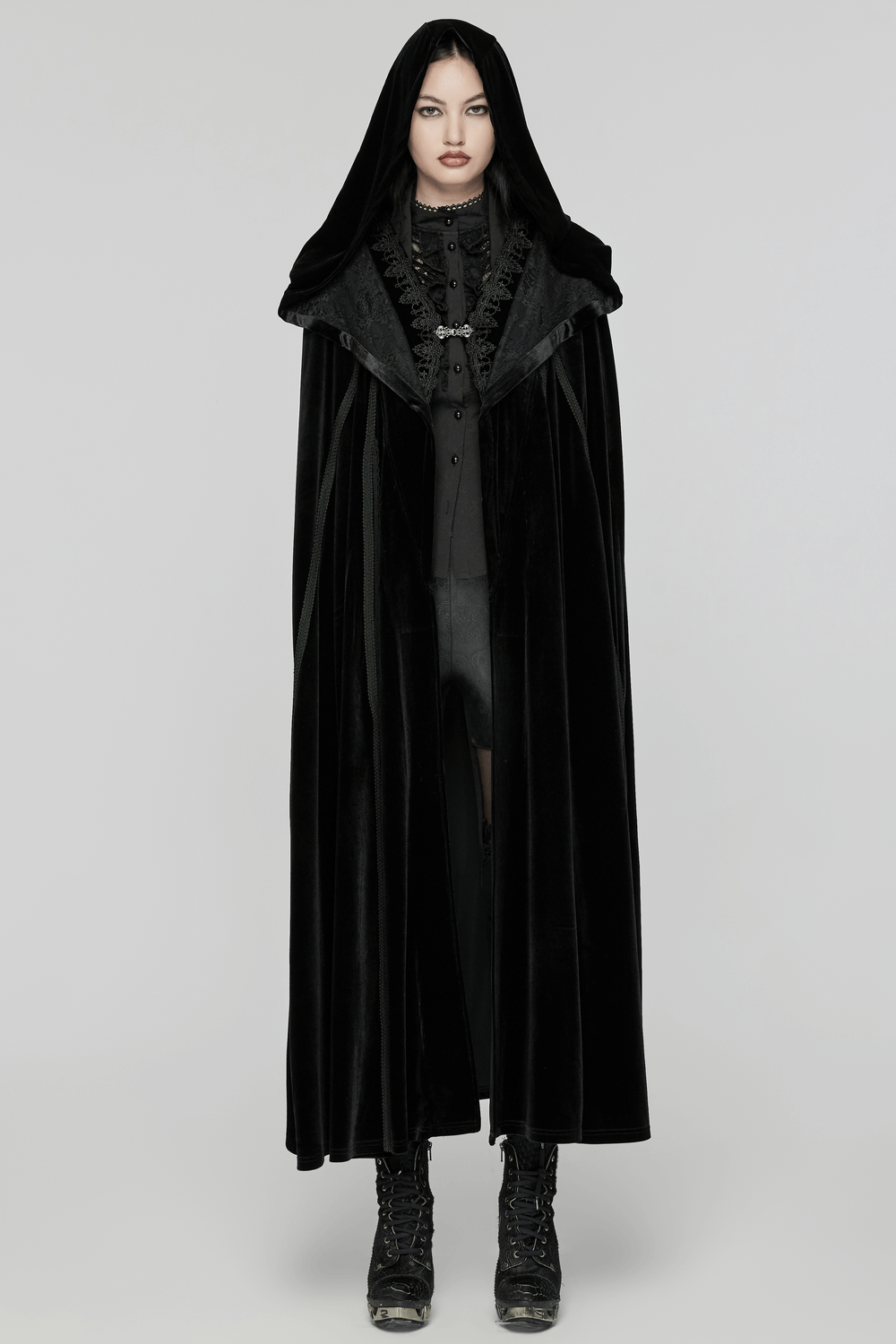 Gothic Velour Long Cape with Hood and Lace Details