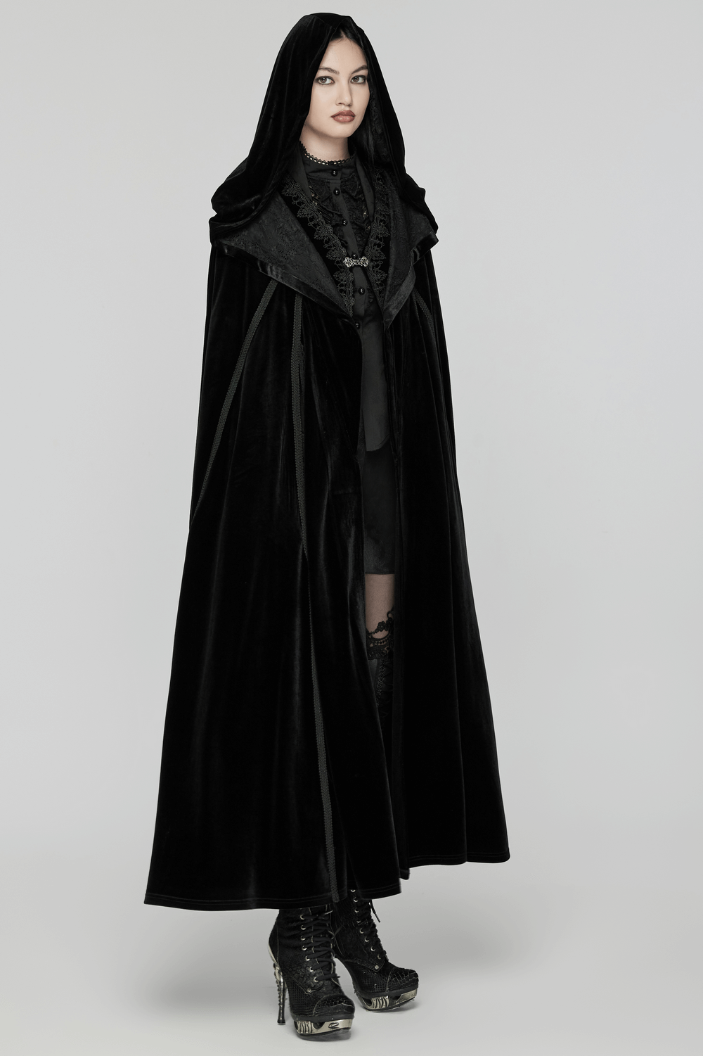 Gothic Velour Long Cape with Hood and Lace Details