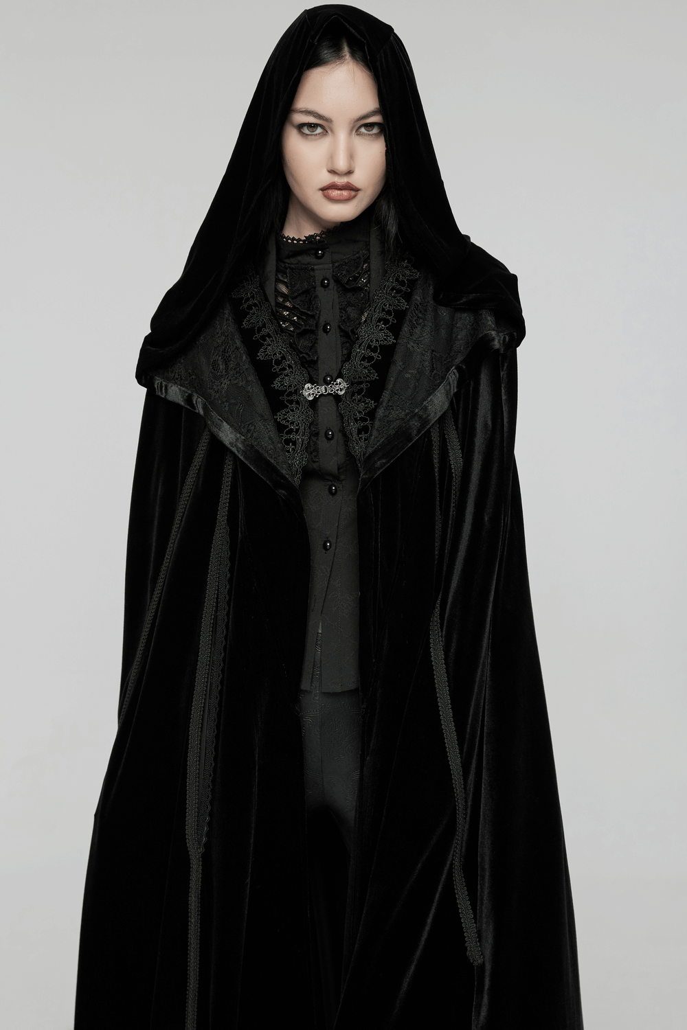 Gothic Velour Long Cape with Hood and Lace Details