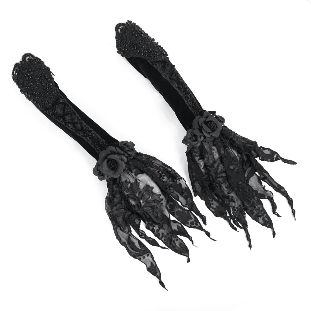 Elegant Gothic evening gloves with velvet and intricate black lace, adorned with roses for a dramatic flair.