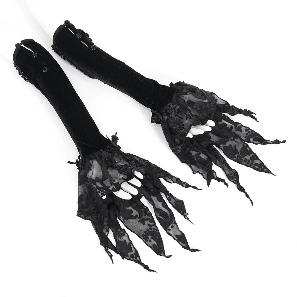 Gothic velvet and lace evening gloves, featuring dramatic black lace and intricate detailing for a bold fashion statement.