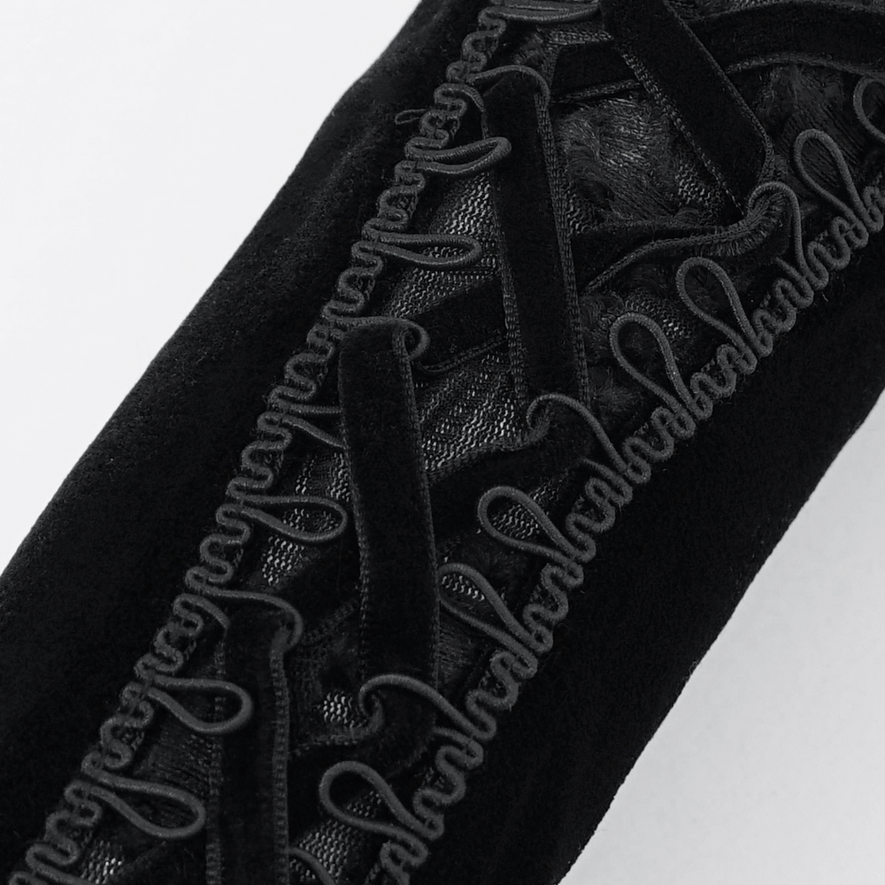 Close-up of Gothic velvet and lace detailed gloves, showcasing intricate patterns and luxurious materials.