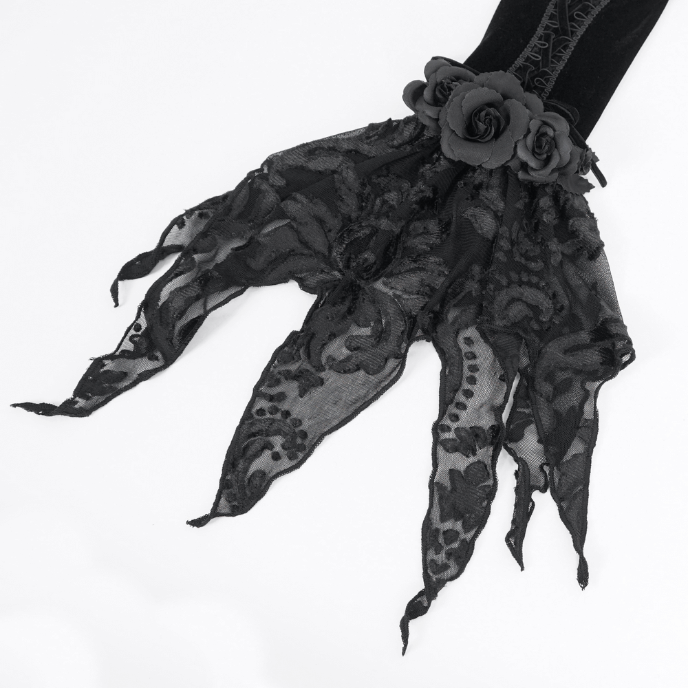 Elegant black lace evening gloves with velvet and rose details, perfect for gothic-inspired outfits.