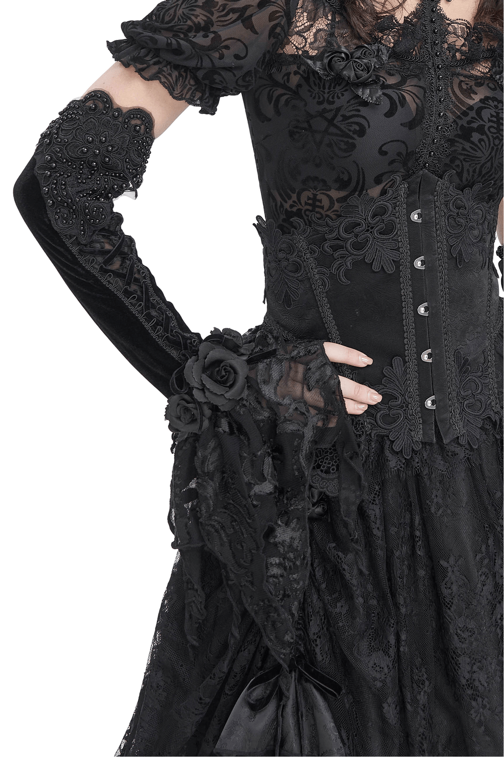 Elegant gothic velvet and lace evening gloves adorned with detailed patterns and roses, perfect for a dramatic look.