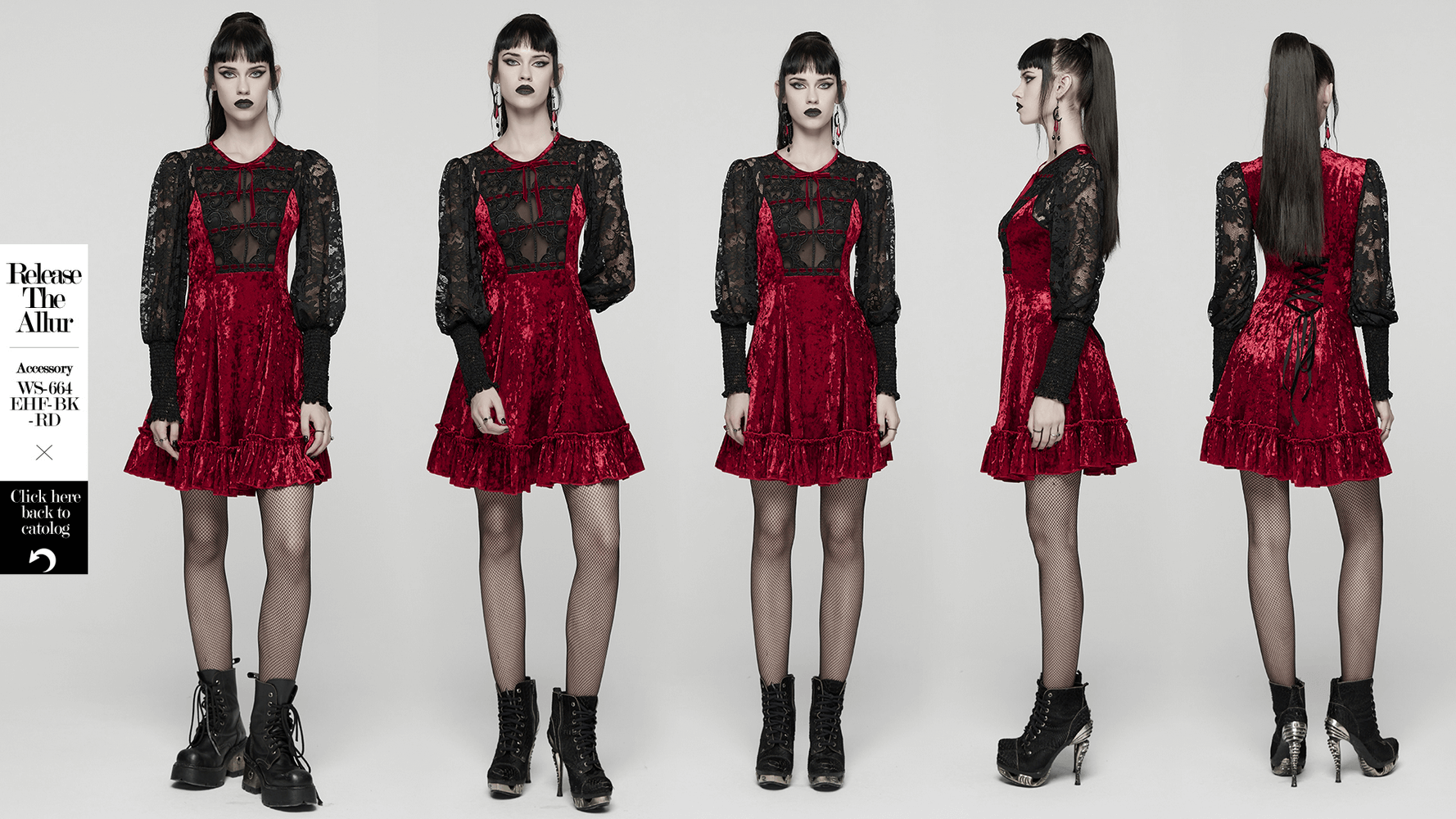 Gothic Velvet and Lace Dress with Retro Lantern Sleeves displayed in red velvet and lace with lantern sleeves.