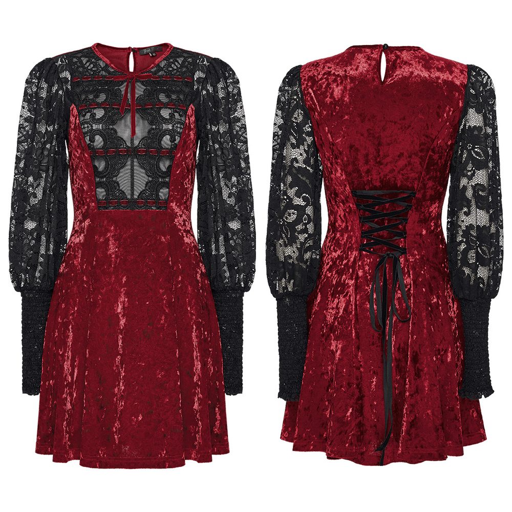 Gothic Velvet and Lace Dress with Retro Lantern Sleeves, featuring hollow lace and velvet ribbon accents.