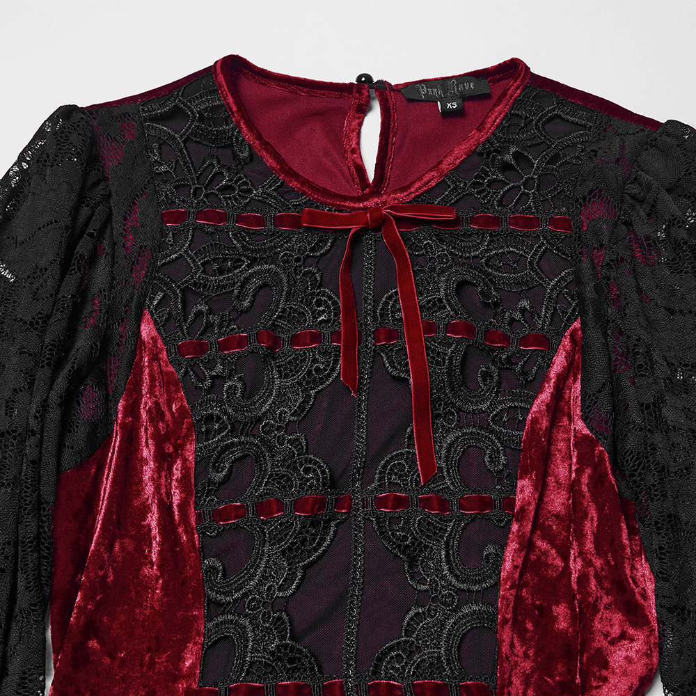 Gothic Velvet and Lace Dress with Retro Lantern Sleeves close-up view showing lace details and velvet accents.