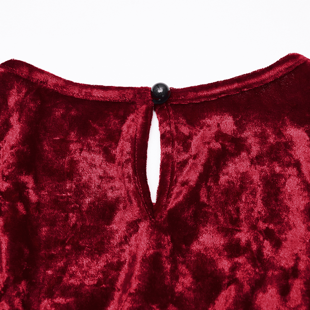 Gothic Velvet and Lace Dress with Retro Lantern Sleeves back detail showing velvet and button closure