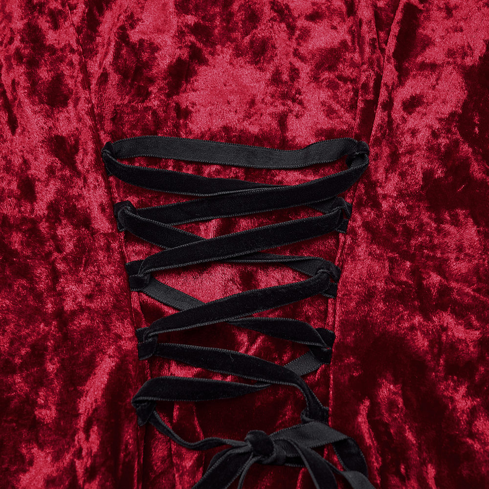 Close-up of the back lace-up design on Gothic Velvet and Lace Dress with Retro Lantern Sleeves.