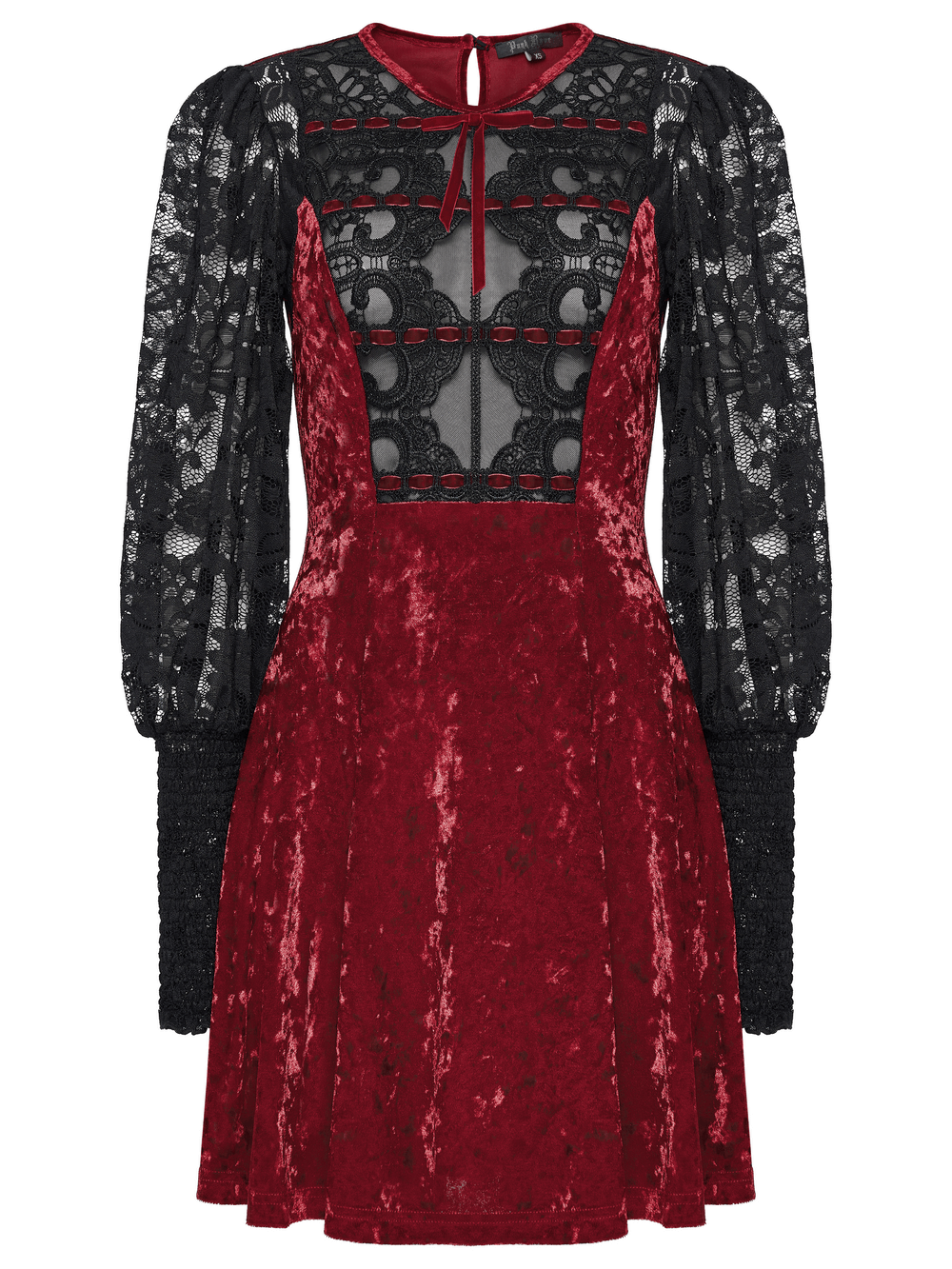 Gothic Velvet and Lace Dress with Retro Lantern Sleeves featuring hollow lace and velvet accents in red and black.