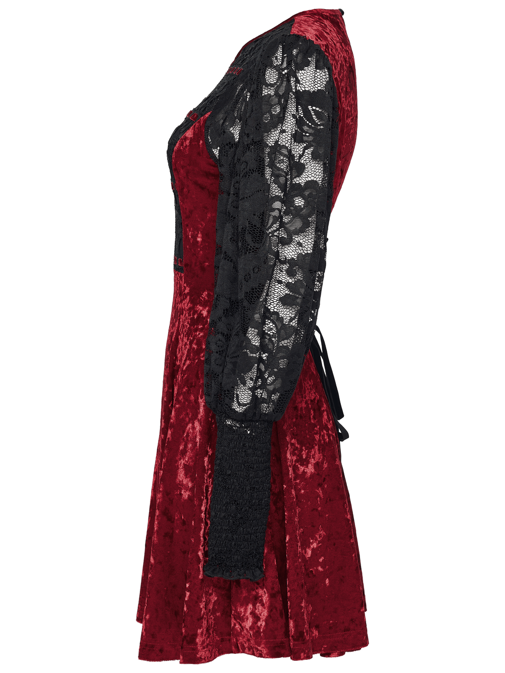 Gothic Velvet and Lace Dress with Retro Lantern Sleeves side view showcasing the elegant red and black design.