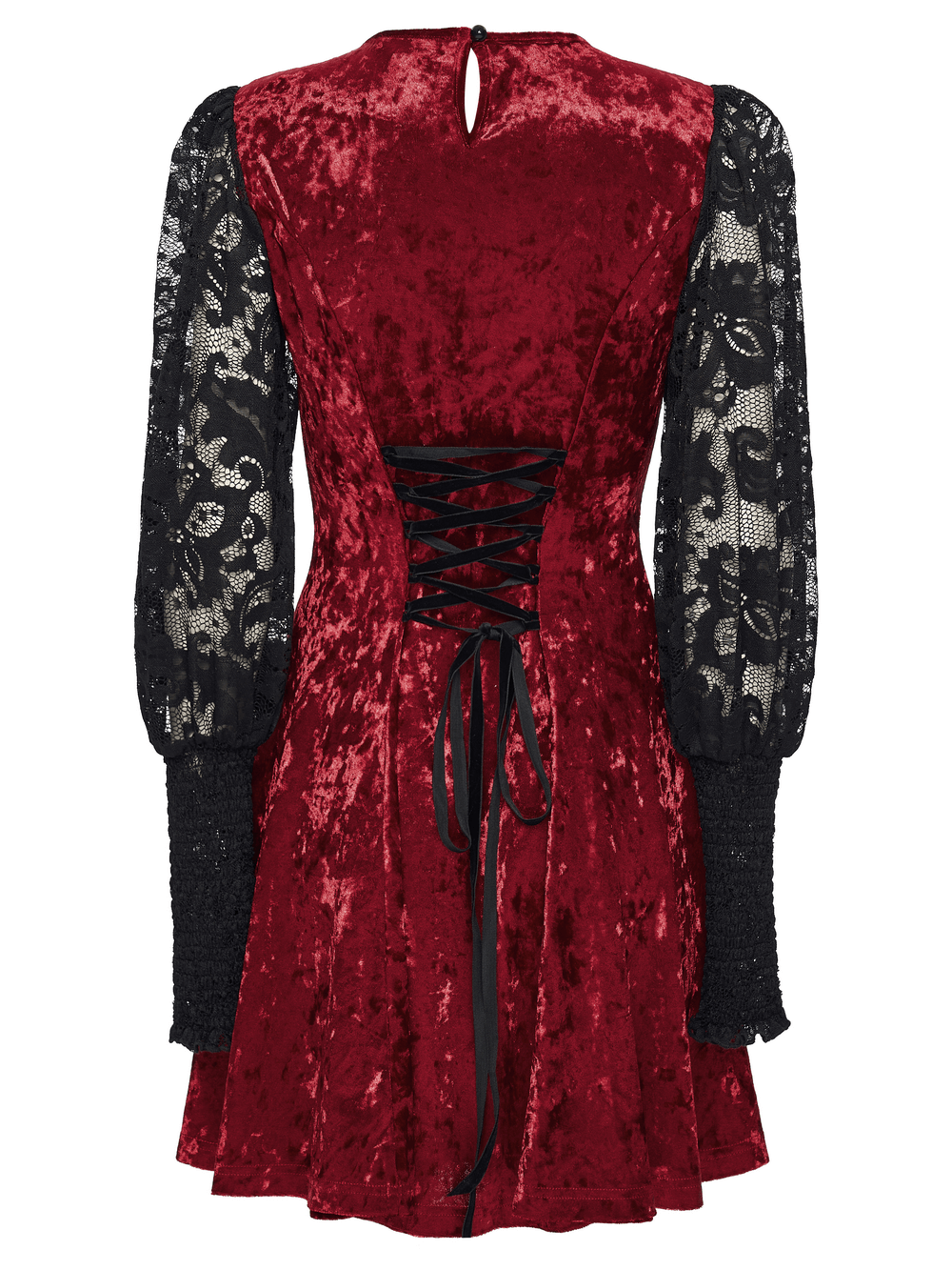 Gothic Velvet and Lace Dress with Retro Lantern Sleeves showcasing red velvet and black lace details.