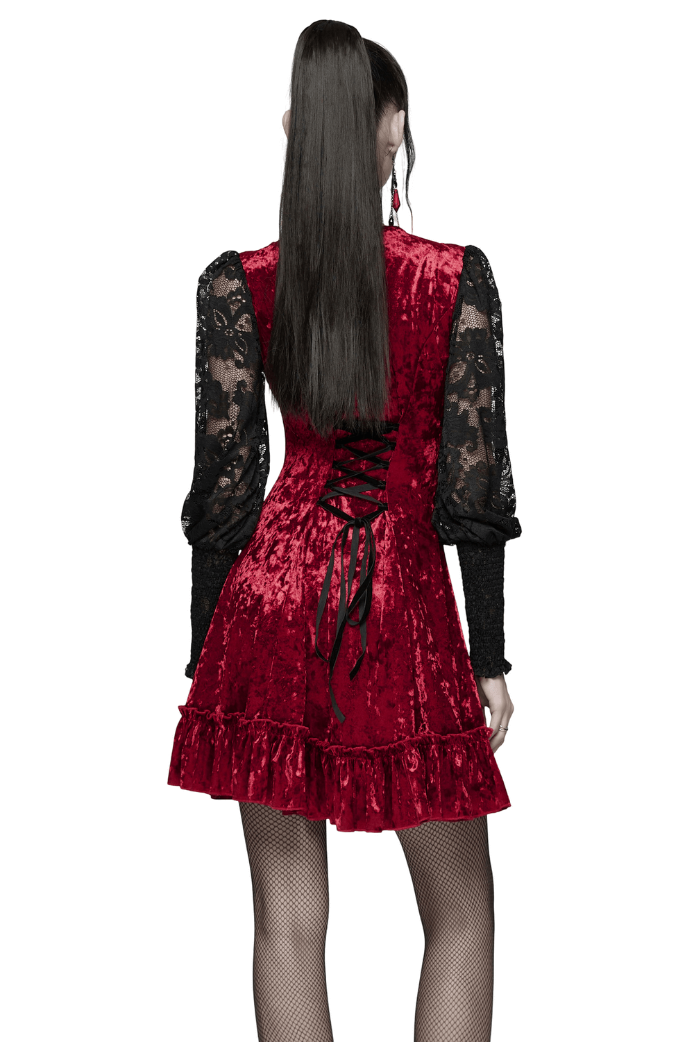 Gothic Velvet and Lace Dress with Retro Lantern Sleeves, featuring a lace-up back and flowing skirt in bold red.