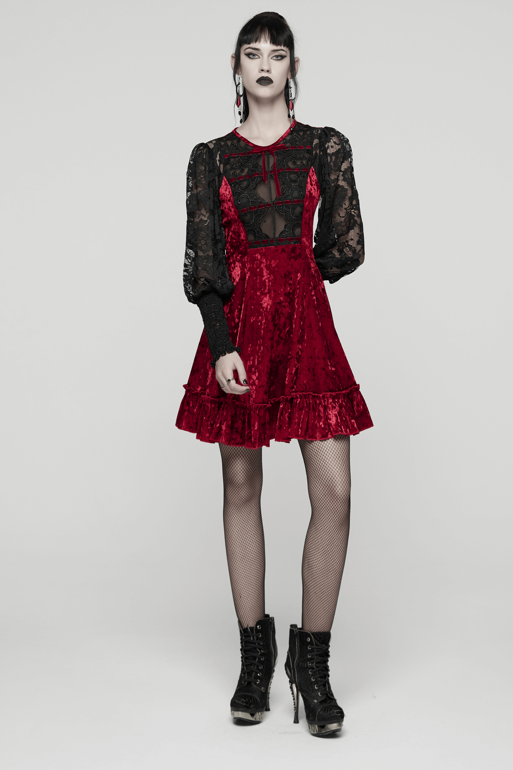 Gothic Velvet and Lace Dress with Retro Lantern Sleeves in red and black with lace detailing and puffy sleeves.