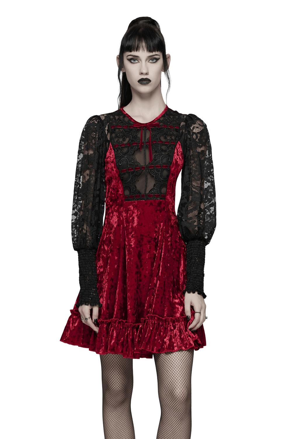 Gothic Velvet and Lace Dress with Retro Lantern Sleeves showcasing lace and velvet details in bold red and black.
