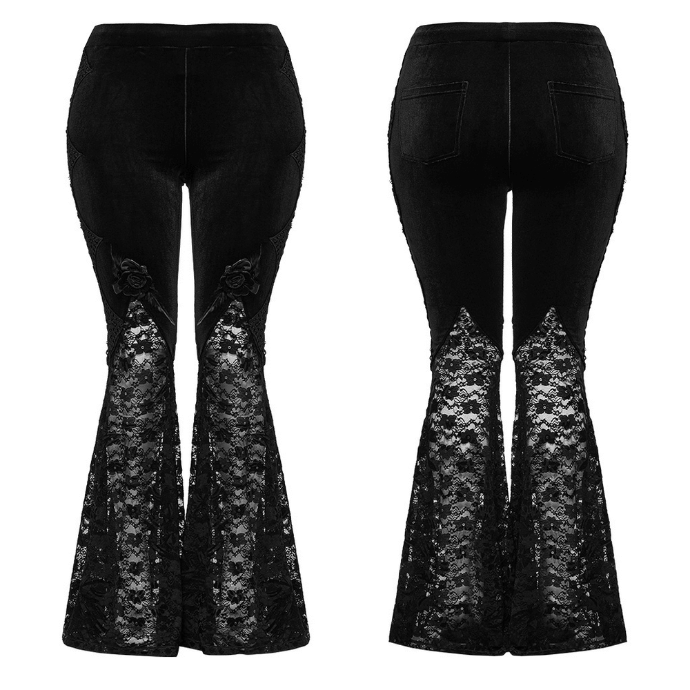 Gothic velvet and lace flared pants with rose trim, featuring elegant lace detailing and patch pockets.