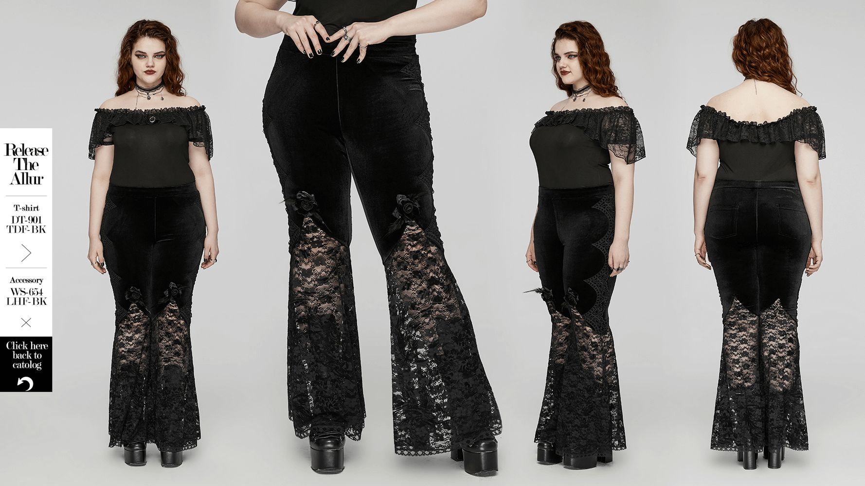 Gothic velvet and lace flared pants with rose trim, elegant design showcasing luxurious lace detailing and pockets.