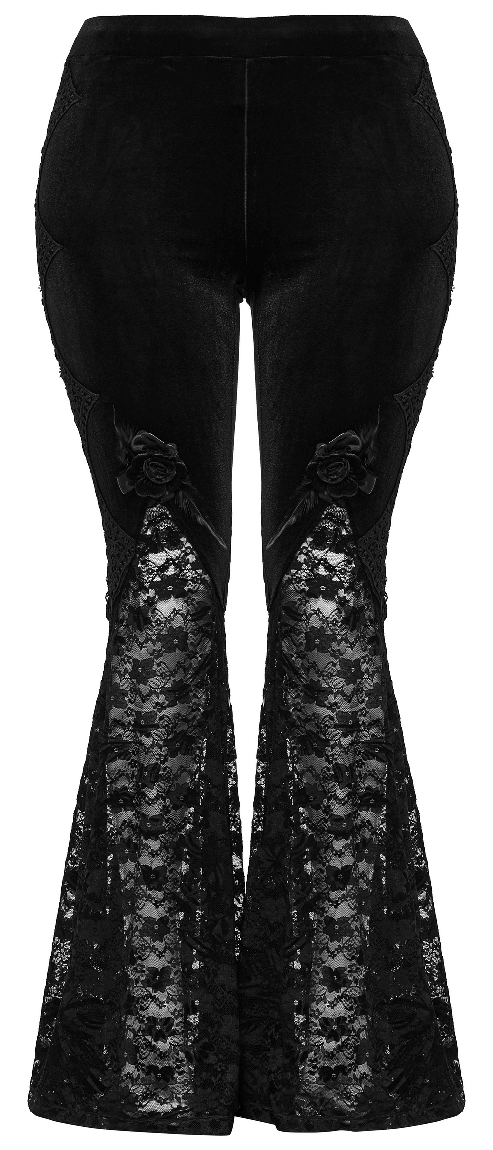 Gothic black velvet and lace flared pants with rose trim, featuring elegant floral details and pockets.