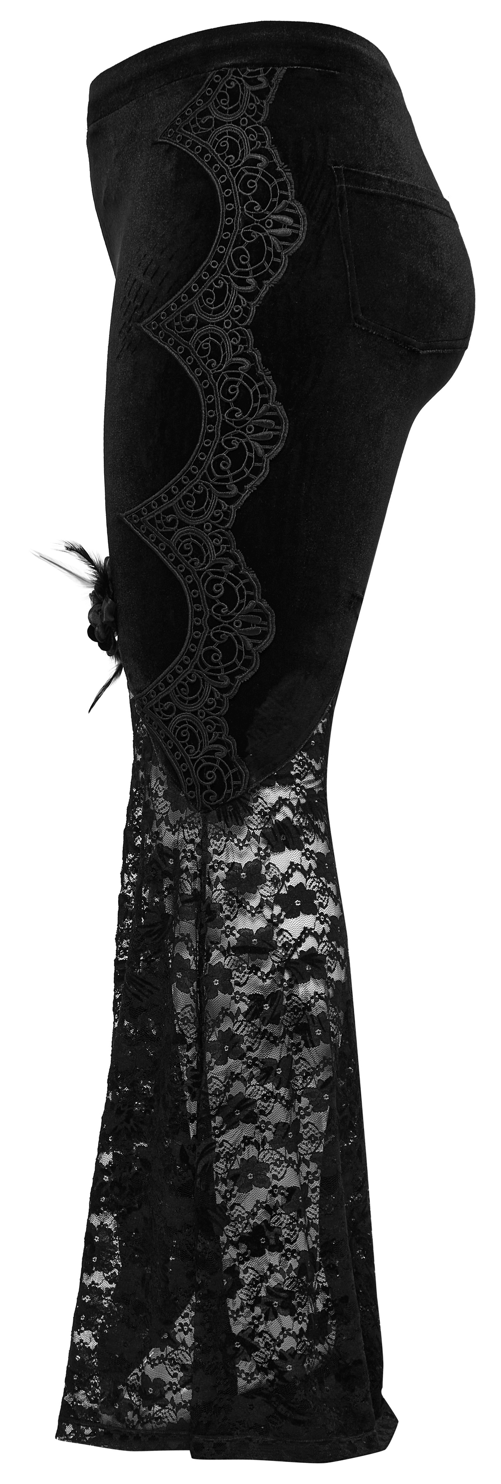 Gothic velvet and lace flared pants with rose trim, showcasing intricate lace and floral decoration.