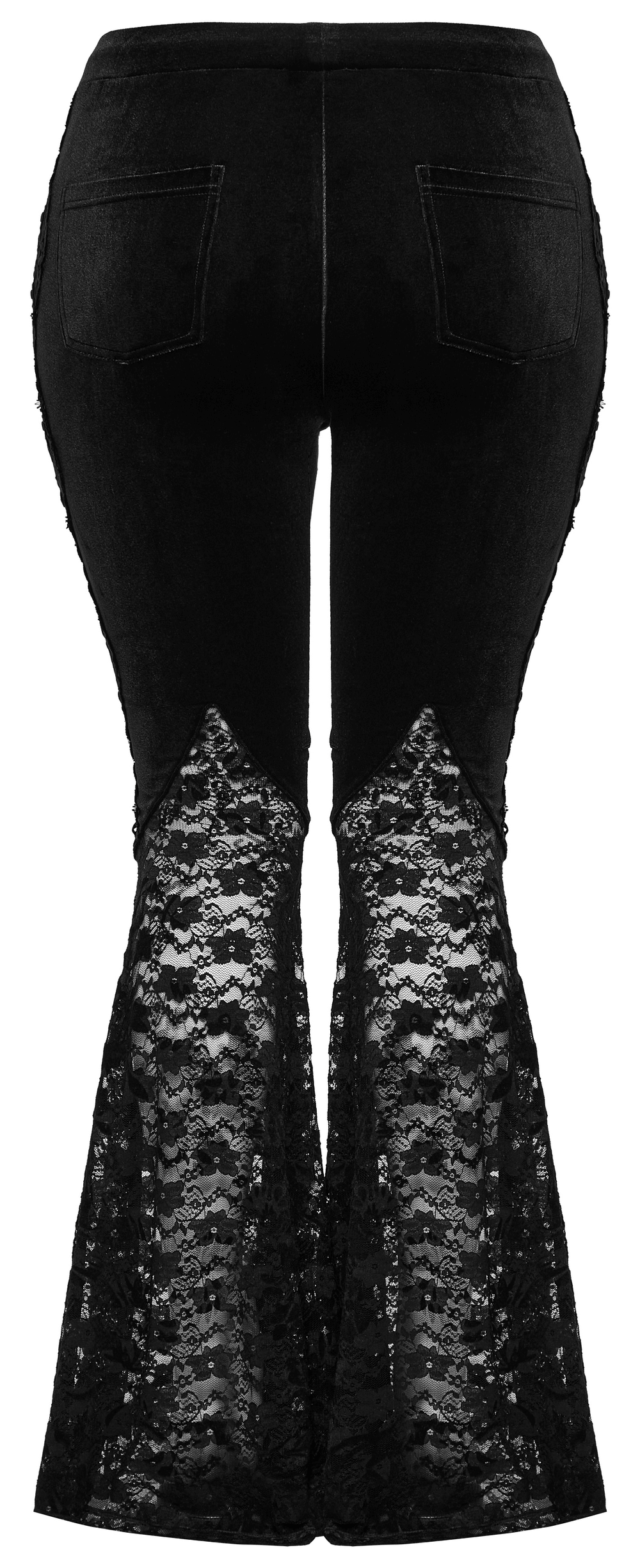 Back view of Gothic velvet lace flared pants with rose trim and patch pockets, showcasing intricate lace details.