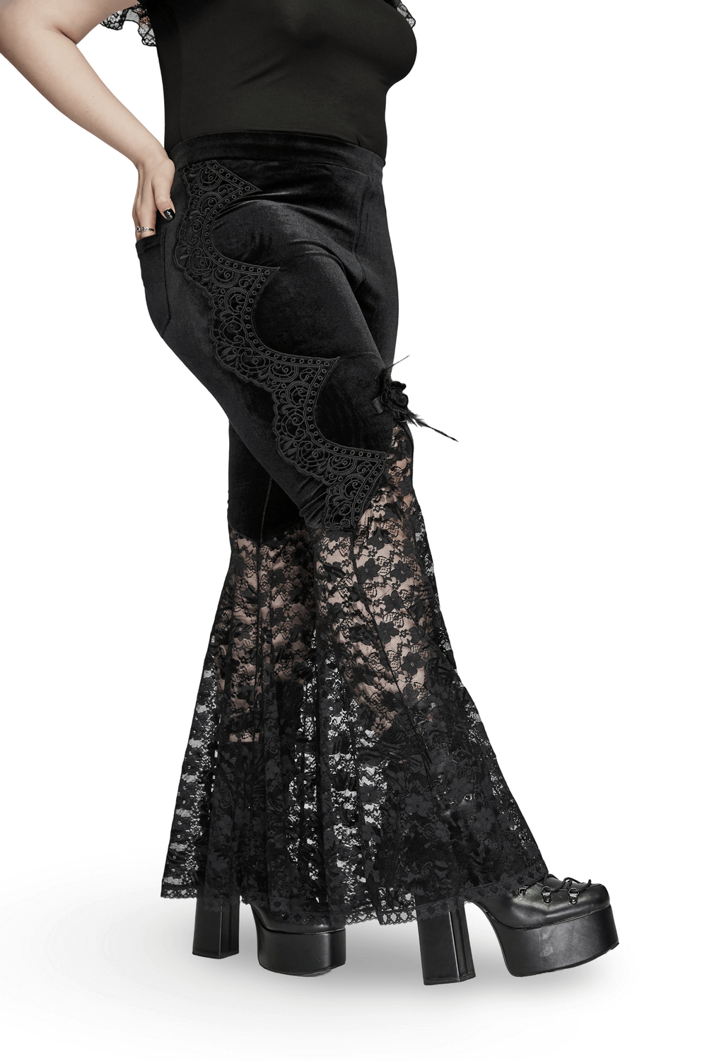 Gothic velvet and lace flared pants showing side lace detail and feather flower, perfect for edgy fashion.